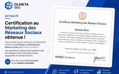 Certification Marketing des Réseaux Sociaux obtenue par Olmeta Dom une expertise renforcée en social media